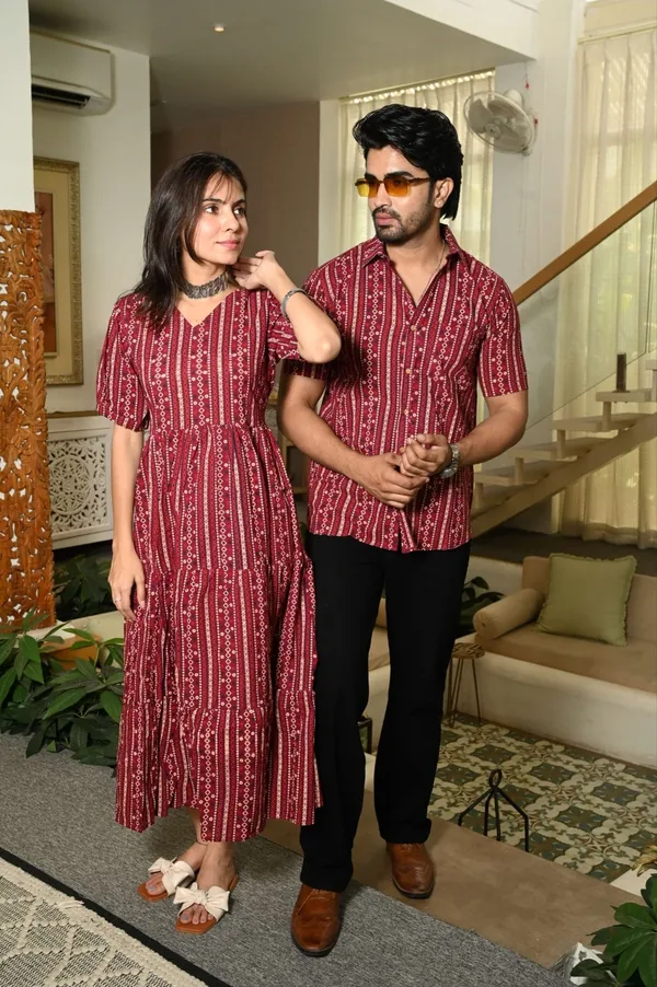 Maroon_Vertical_Stripe_Ethnic_Print_Cotton_Couple_Matching_Anarkali_Midi_Dress_&_Shirt_Set