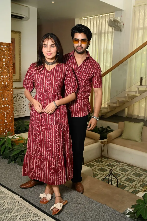 Maroon_Vertical_Stripe_Ethnic_Print_Cotton_Couple_Matching_Anarkali_Midi_Dress_&_Shirt_Set