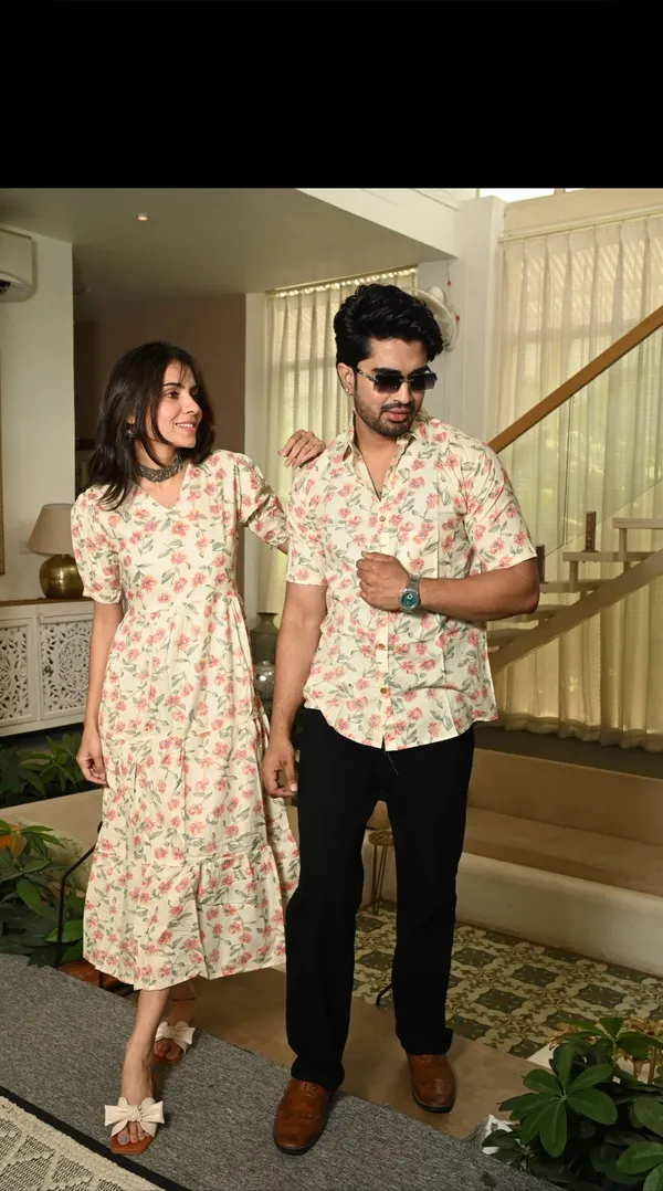 Cream_Floral_Printed_Cotton_Couple_Matching_Anarkali_Midi_Dress_&_Shirt_Set