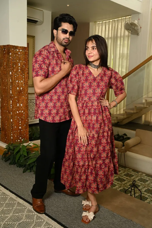 Red_Floral_Block_Print_Cotton_Couple_Matching_Anarkali_Midi_Dress_&_Shirt_Set