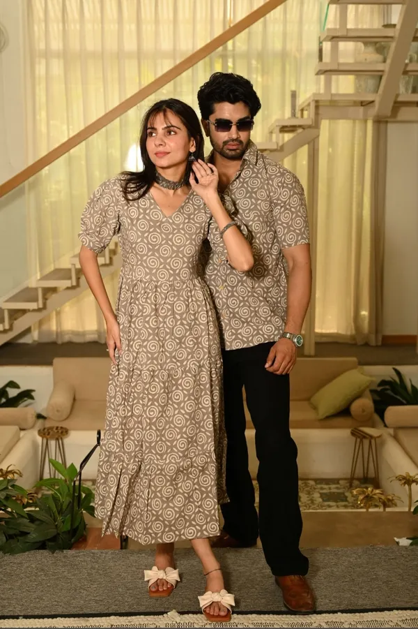 Beige_Swirl_Block_Print_Cotton_Couple_Matching_Anarkali_Midi_Dress_&_Shirt_Set