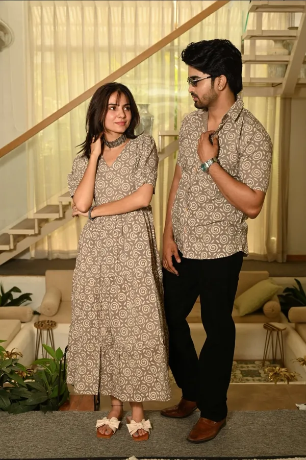 Beige_Swirl_Block_Print_Cotton_Couple_Matching_Anarkali_Midi_Dress_&_Shirt_Set