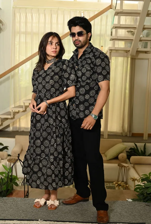 Black_Floral_Printed_Cotton_Couple_Matching_Anarkali_Midi_Dress_&_Shirt_Set