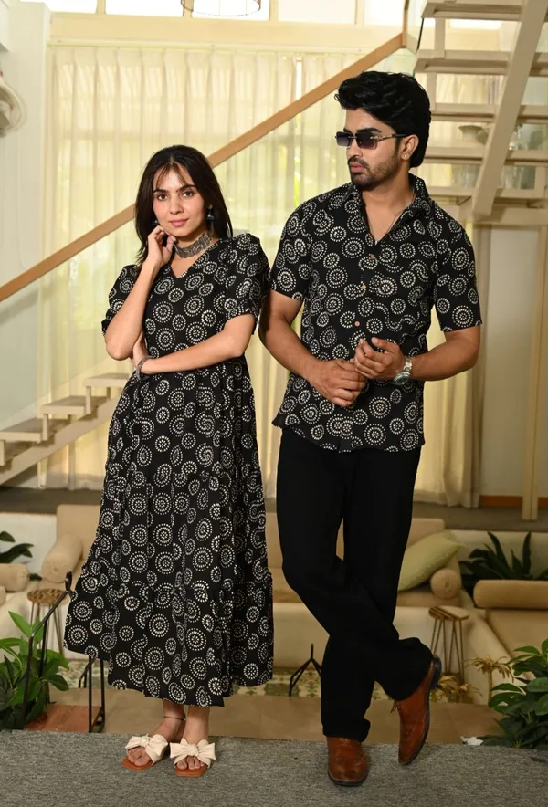 Black_Floral_Printed_Cotton_Couple_Matching_Anarkali_Midi_Dress_&_Shirt_Set