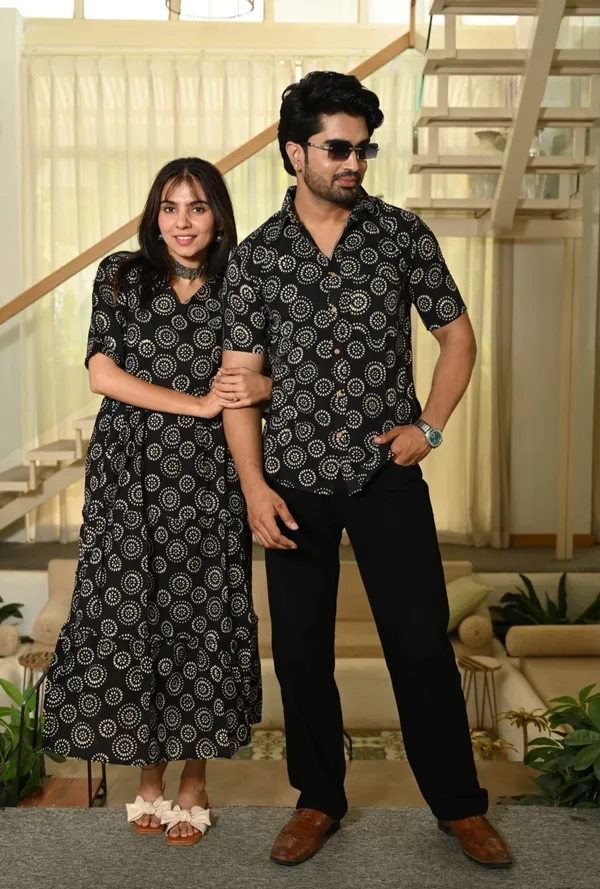 Black_Floral_Printed_Cotton_Couple_Matching_Anarkali_Midi_Dress_&_Shirt_Set