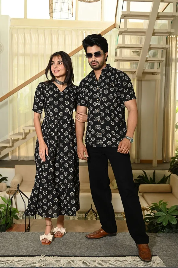 Black_Vertical_Vine_Block_Print_Cotton_Couple_Matching_Anarkali_Midi_Dress_&_Shirt_Set