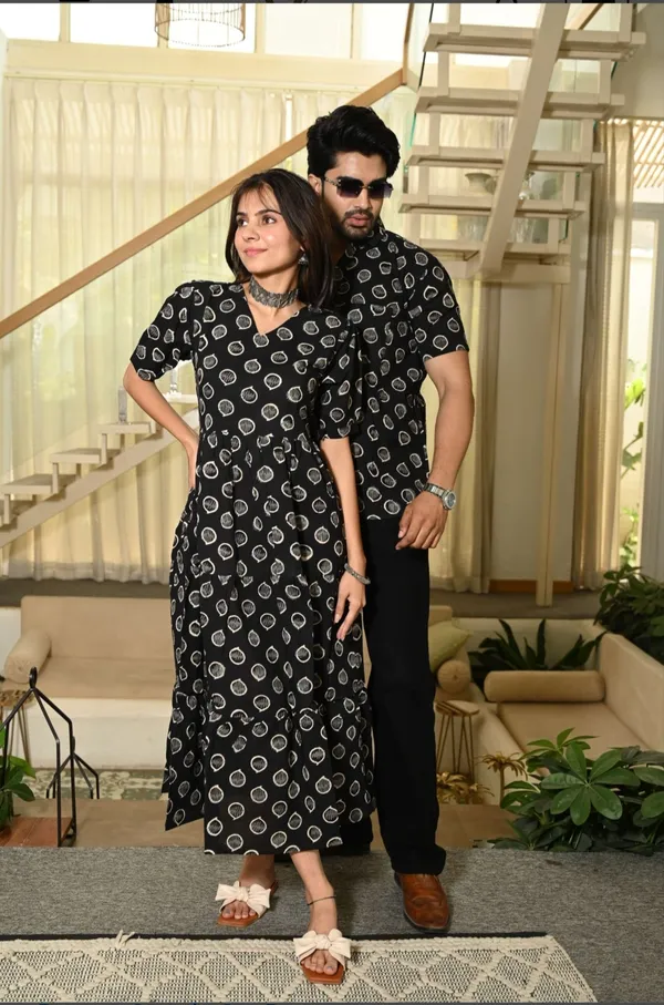 Black_Vertical_Vine_Block_Print_Cotton_Couple_Matching_Anarkali_Midi_Dress_&_Shirt_Set