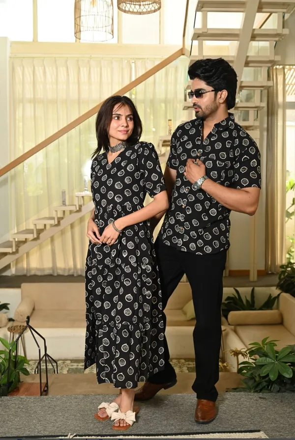 Black_Vertical_Vine_Block_Print_Cotton_Couple_Matching_Anarkali_Midi_Dress_&_Shirt_Set