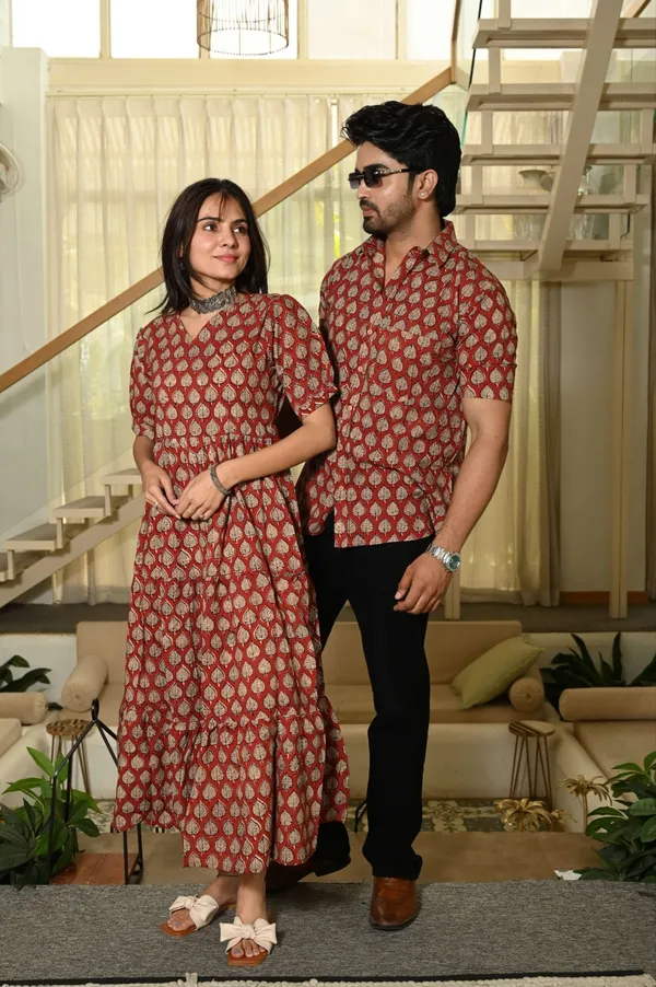 Red_Gold_Leaf_Block_Print_Cotton_Couple_Matching_Anarkali_Midi_Dress_&_Shirt_Set