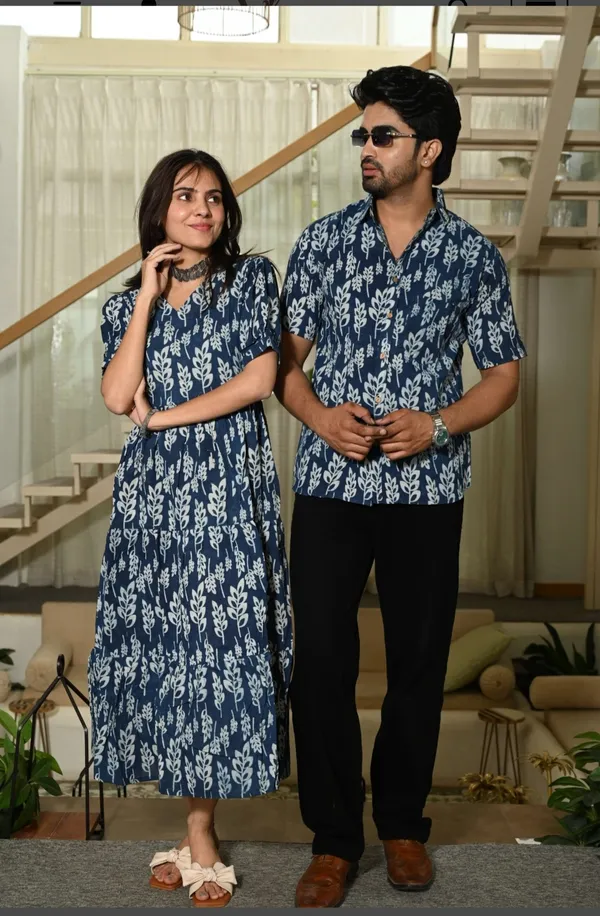 Blue_Leaf_Print_Cotton_Couple_Matching_Anarkali_Midi_Dress_&_Shirt_Set