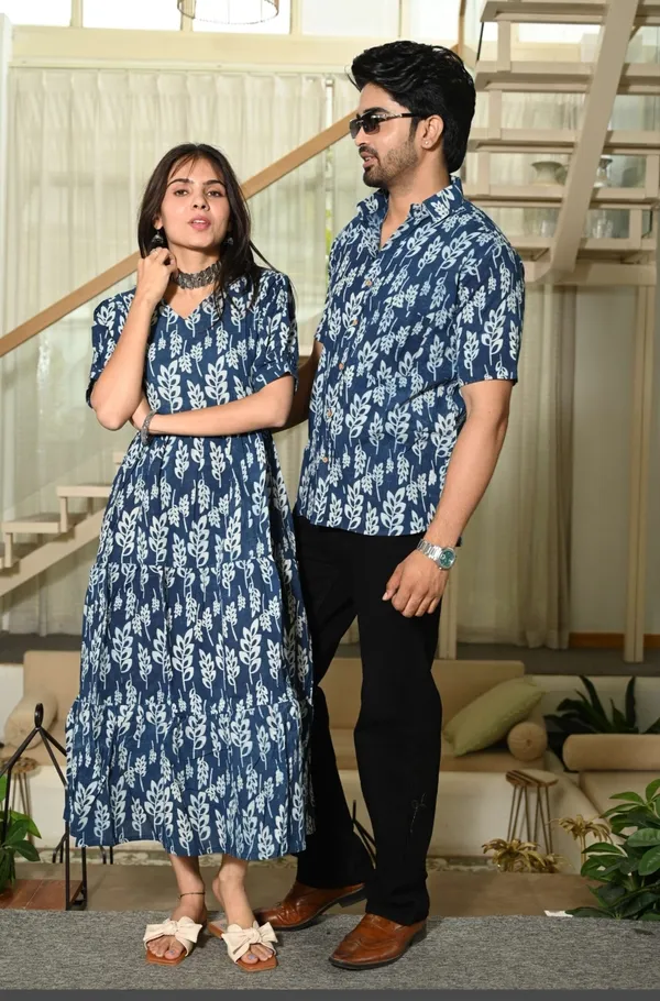Blue_Leaf_Print_Cotton_Couple_Matching_Anarkali_Midi_Dress_&_Shirt_Set
