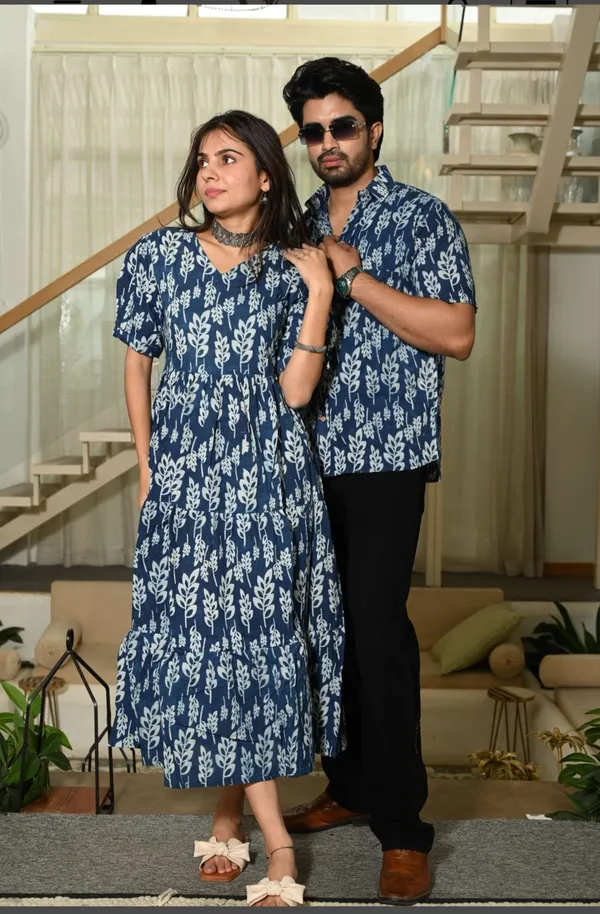 Blue_Leaf_Print_Cotton_Couple_Matching_Anarkali_Midi_Dress_&_Shirt_Set