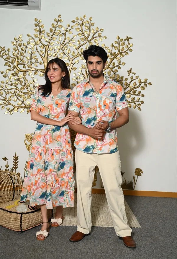 Multicolor_Abstract_Print_Cotton_Couple_Matching_Anarkali_Midi_Dress_&_Shirt_Set