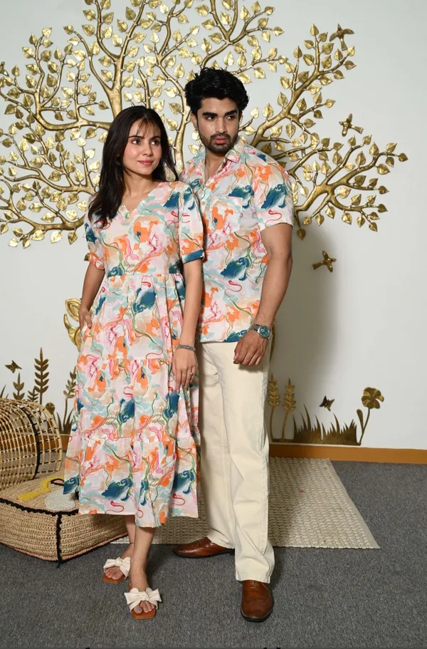 Multicolor_Abstract_Print_Cotton_Couple_Matching_Anarkali_Midi_Dress_&_Shirt_Set