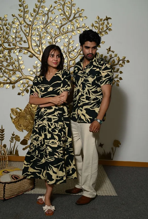 Black_Printed_Cotton_Couple_Matching_Anarkali_Midi_Dress_&_Shirt_Set