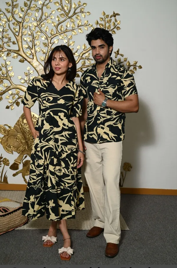 Black_Printed_Cotton_Couple_Matching_Anarkali_Midi_Dress_&_Shirt_Set