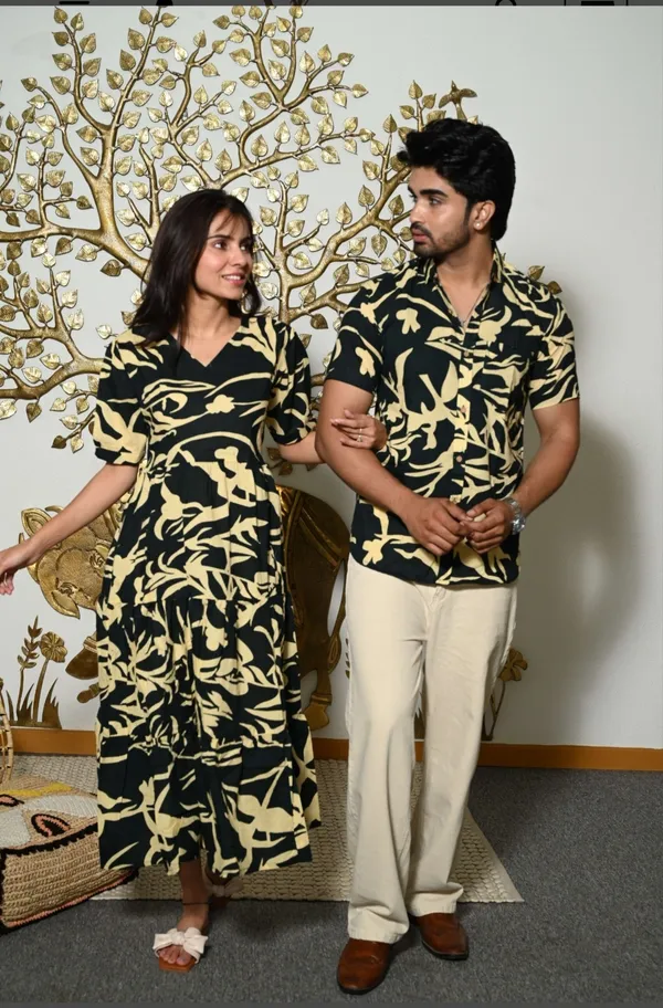 Black_Printed_Cotton_Couple_Matching_Anarkali_Midi_Dress_&_Shirt_Set