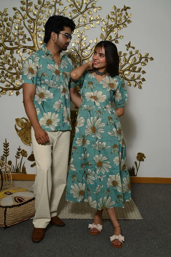 Teal_Blue_Floral_Printed_Cotton_Couple_Matching_Anarkali_Midi_Dress_&_Shirt_Set