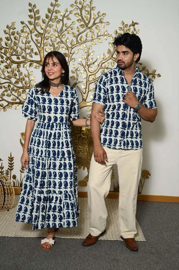 White_&_Blue_Printed_Cotton_Couple_Matching_Anarkali_Midi_Dress_&_Shirt_Set