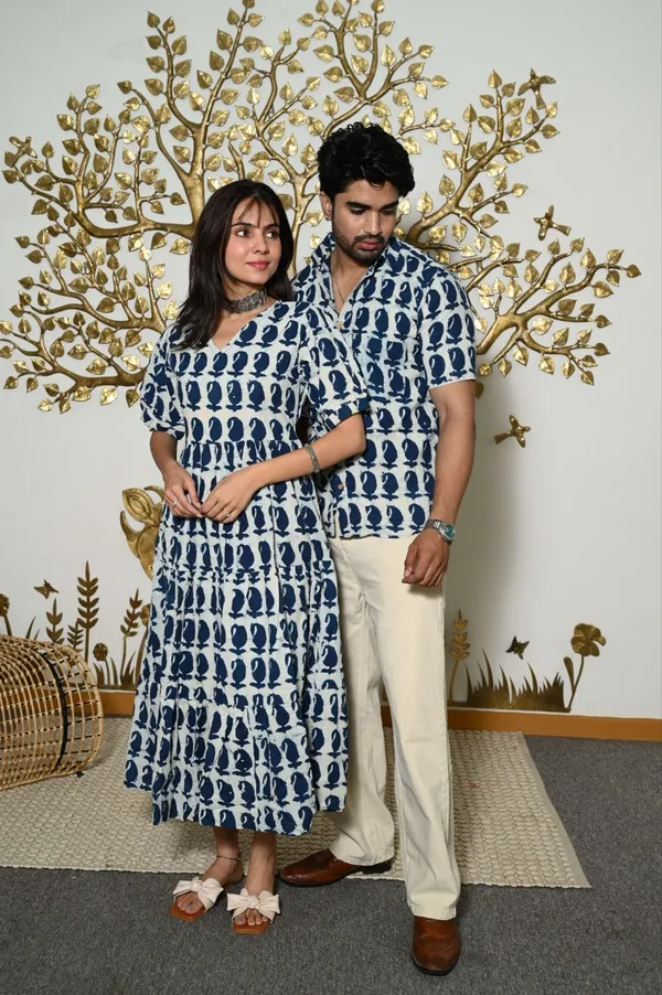 White_&_Blue_Printed_Cotton_Couple_Matching_Anarkali_Midi_Dress_&_Shirt_Set