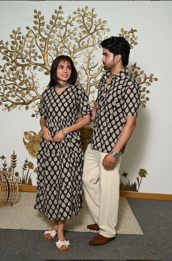 Black_&_Beige_Leaf_Print_Cotton_Couple_Matching_Anarkali_Midi_Dress_&_Shirt_Set