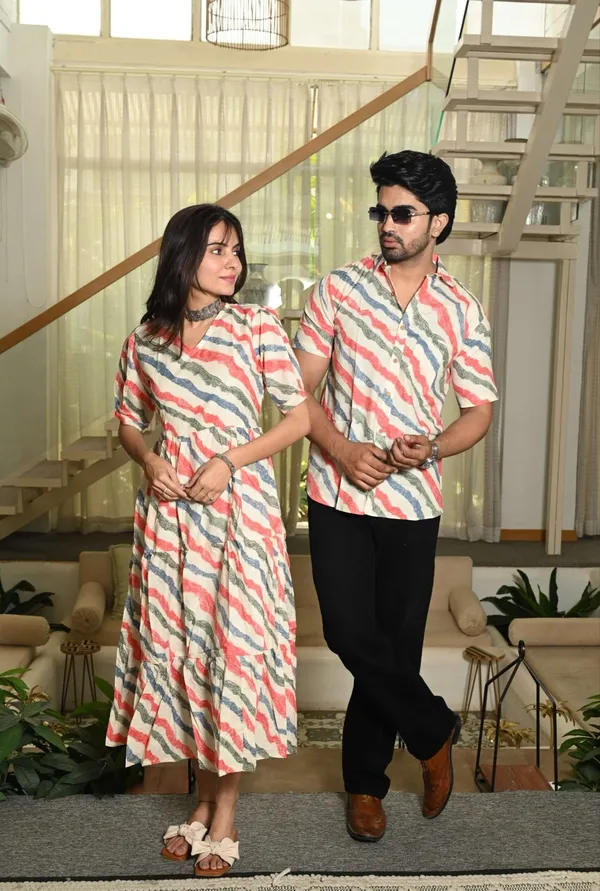 Cream_Wavy_Red_&_Blue_Stripe_Cotton_Couple_Matching_Anarkali_Midi_Dress_&_Shirt_Set