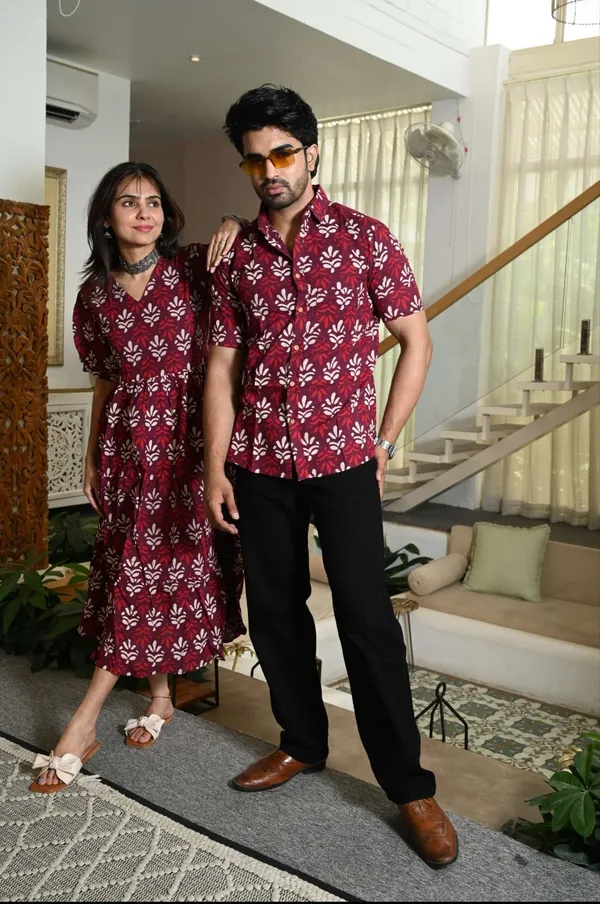 Maroon_Printed_Cotton_Couple_Matching_Anarkali_Midi_Dress_&_Shirt_Set