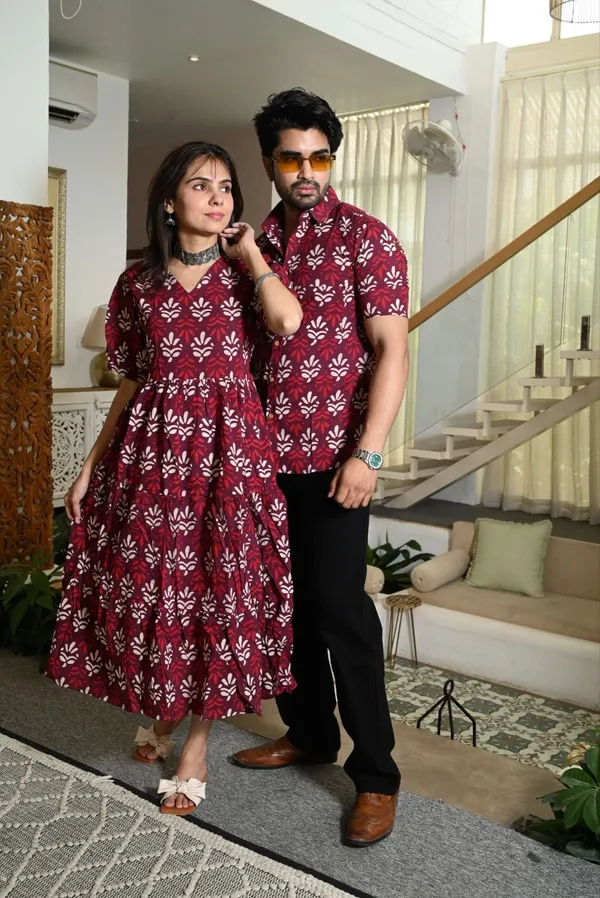 Maroon_Printed_Cotton_Couple_Matching_Anarkali_Midi_Dress_&_Shirt_Set