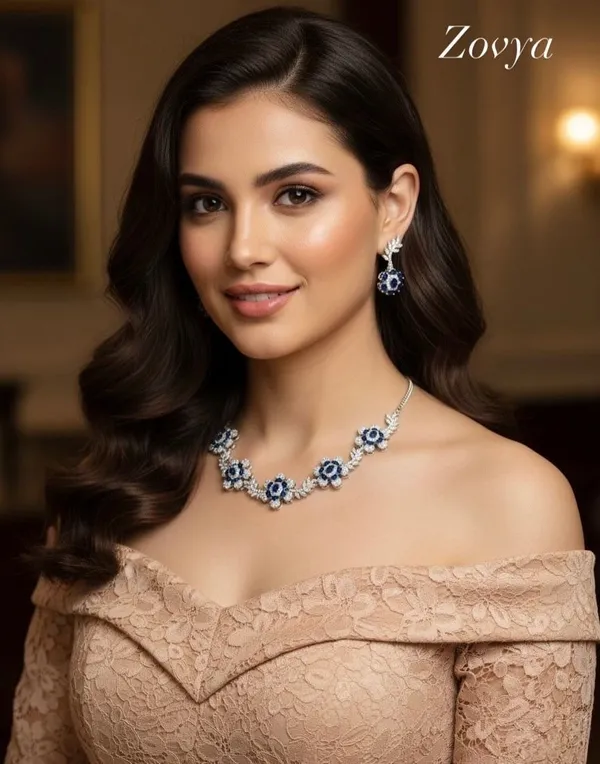 Blue_And_Rhodium_Plated_Brass_Rhodium_Earring_And_Necklace_Set_For_Women