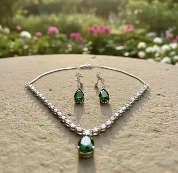 Green_And_Silver_Brass_Rhodium_Earring_And_Necklace_Set_For_Women