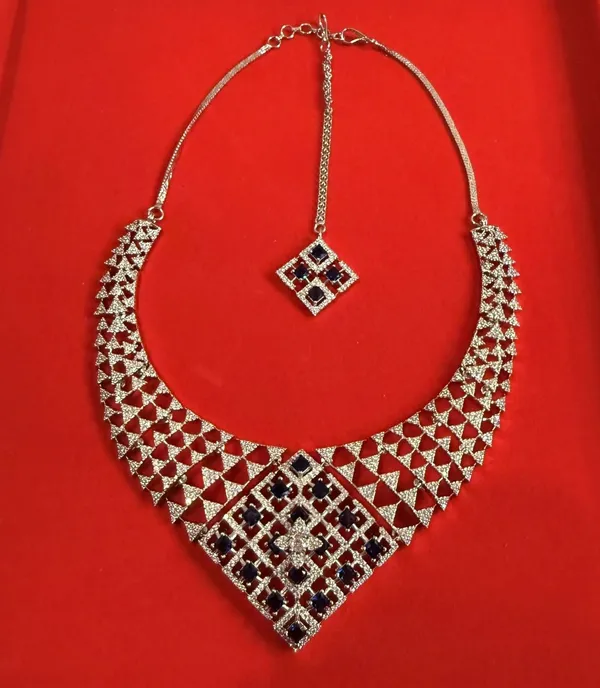 White_And_Blue_Brass_Rhodium_Necklace_And_Earring_And_Maang_Tikka_Set_For_Women