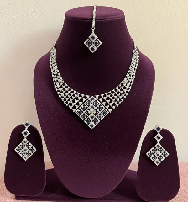 White_And_Blue_Brass_Rhodium_Necklace_And_Earring_And_Maang_Tikka_Set_For_Women