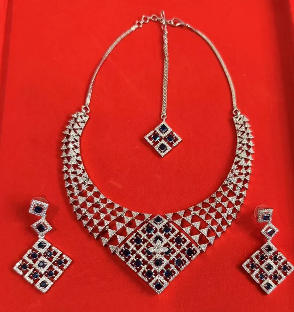 White_And_Blue_Brass_Rhodium_Necklace_And_Earring_And_Maang_Tikka_Set_For_Women