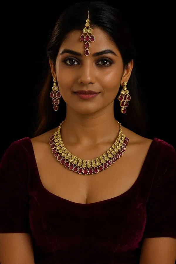 Berry_Red_Brass_Gold_Plated_Necklace_And__Earring_And_Maang_Tikka_Set_For_Women