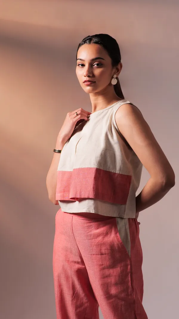 Peach_&_White_Twisted_Cotton_Yarn_Fabric_Co-Ord_Set_For_Adults