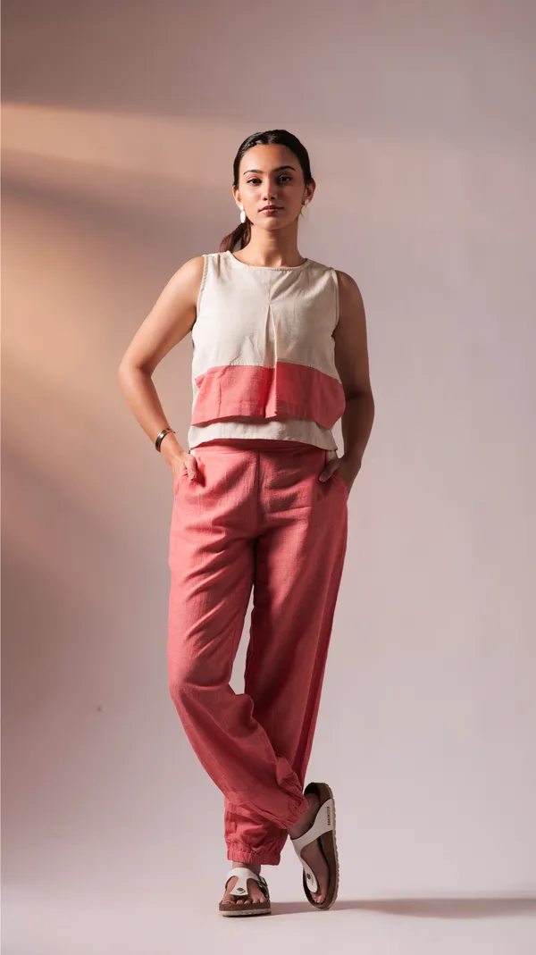 Peach_&_White_Twisted_Cotton_Yarn_Fabric_Co-Ord_Set_For_Adults