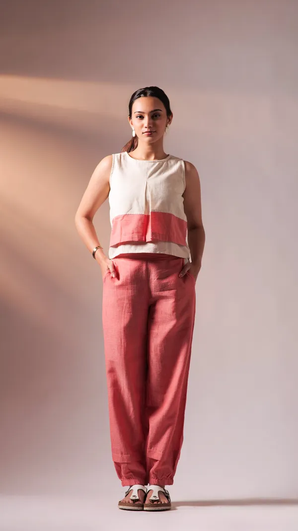 Peach_&_White_Twisted_Cotton_Yarn_Fabric_Co-Ord_Set_For_Adults