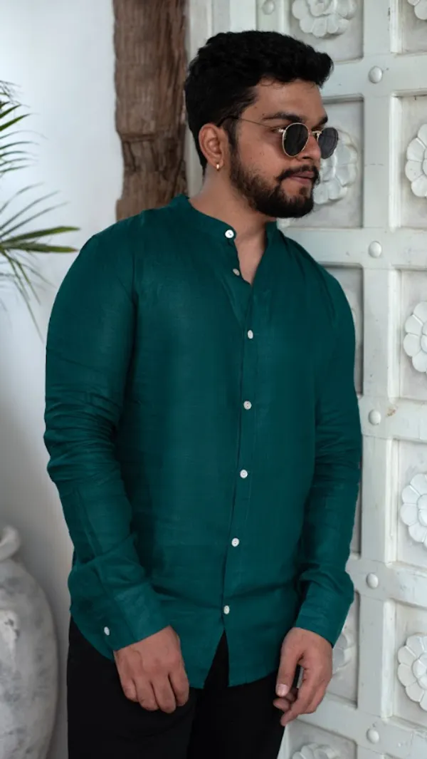 Forest_Green_Viscose-Cotton_Slub_Fabric_Men'S_Shirt_For_Adults