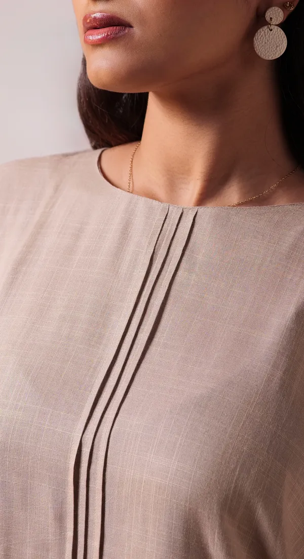 Beige_Viscose-Cotton_Slub_Fabric_Dress_For_Adults
