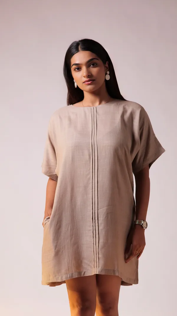 Beige_Viscose-Cotton_Slub_Fabric_Dress_For_Adults