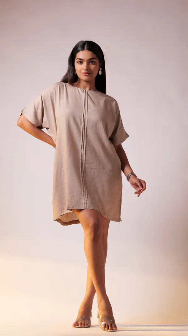 Beige_Viscose-Cotton_Slub_Fabric_Dress_For_Adults