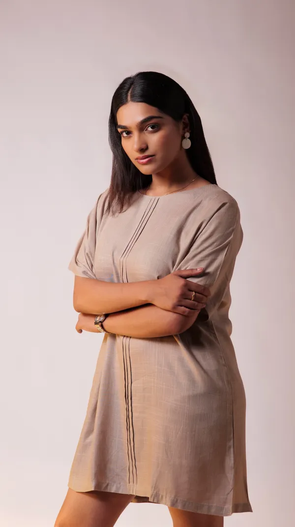 Beige_Viscose-Cotton_Slub_Fabric_Dress_For_Adults