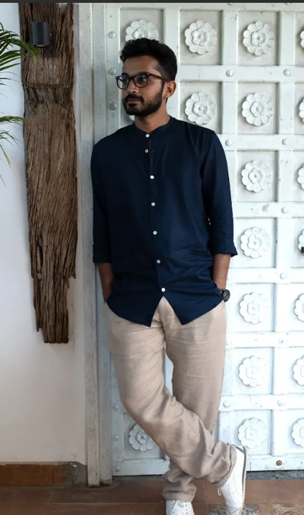 Navy_Blue_Viscose-Cotton_Slub_Fabric_Men'S_Shirt_For_Adults