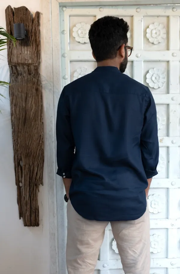 Navy_Blue_Viscose-Cotton_Slub_Fabric_Men'S_Shirt_For_Adults