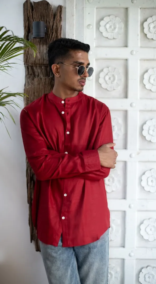 Christmas_Red_Viscose-Cotton_Slub_Fabric_Men'S_Shirt_For_Adults