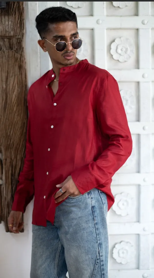 Christmas_Red_Viscose-Cotton_Slub_Fabric_Men'S_Shirt_For_Adults