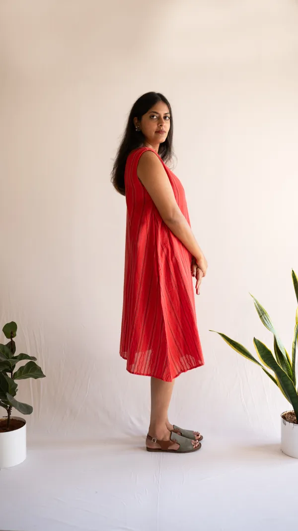 Red_Leno_Dobby_Cotton_Dress_For_Adults