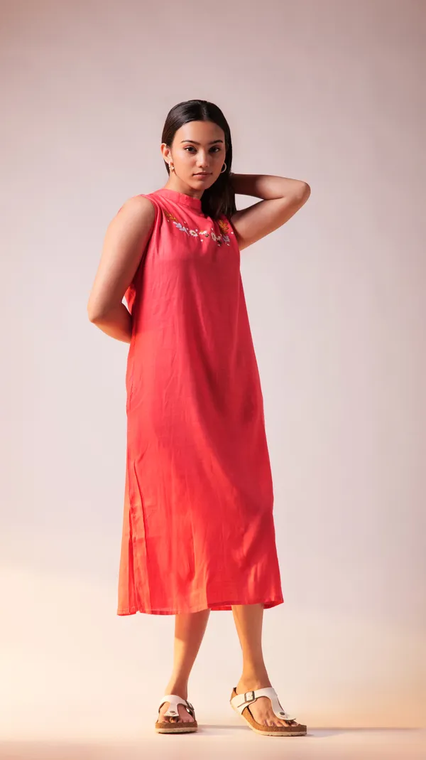 Fuschia_Viscose-Cotton_Slub_Fabric_Dress_For_Adults