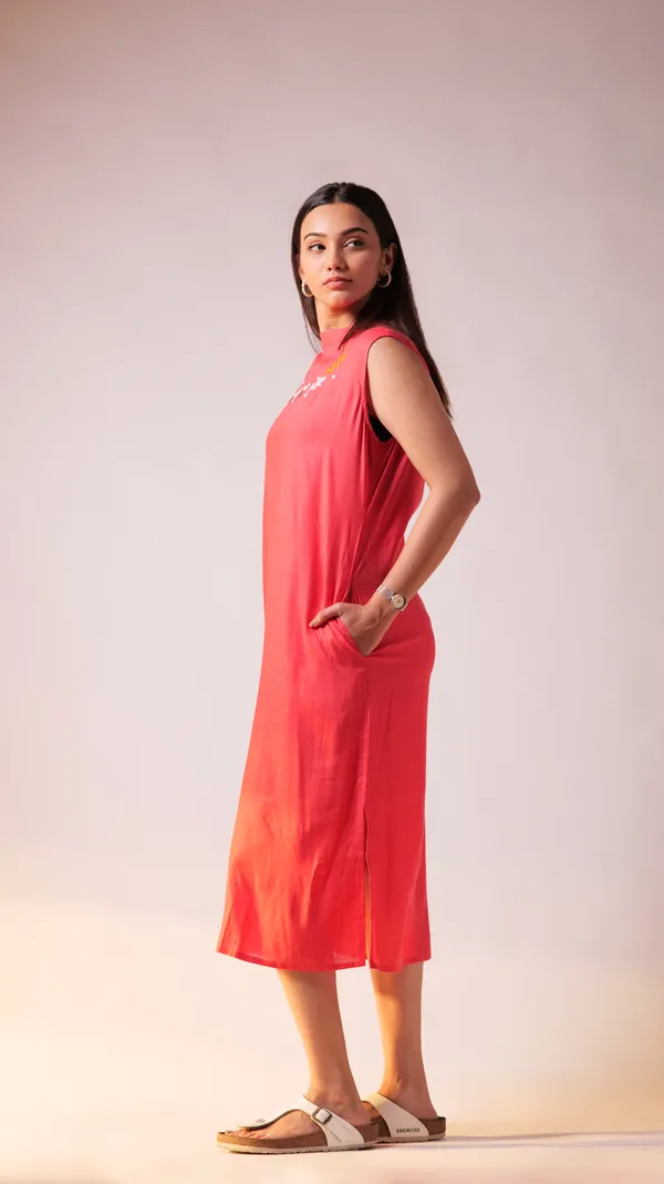 Fuschia_Viscose-Cotton_Slub_Fabric_Dress_For_Adults