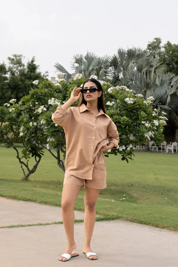 Brown_Cotton_Shirt_&_Shorts_Set_For_Women